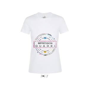 Finitions : Impression numérique quadri  sur t-shirt blanc femme Sol's modèle Régent. . Avantages : L'impression numérique haute définition permet un rendu de couleur exceptionnel. Exemples d'utilisation : Vêtements de travail, évènementiels ... Cons... 
